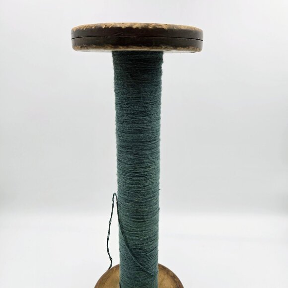 Vintage Wood Spool Primitive Wooden Green Thread Silk Wool Textile Industrial Bo - Picture 4 of 11